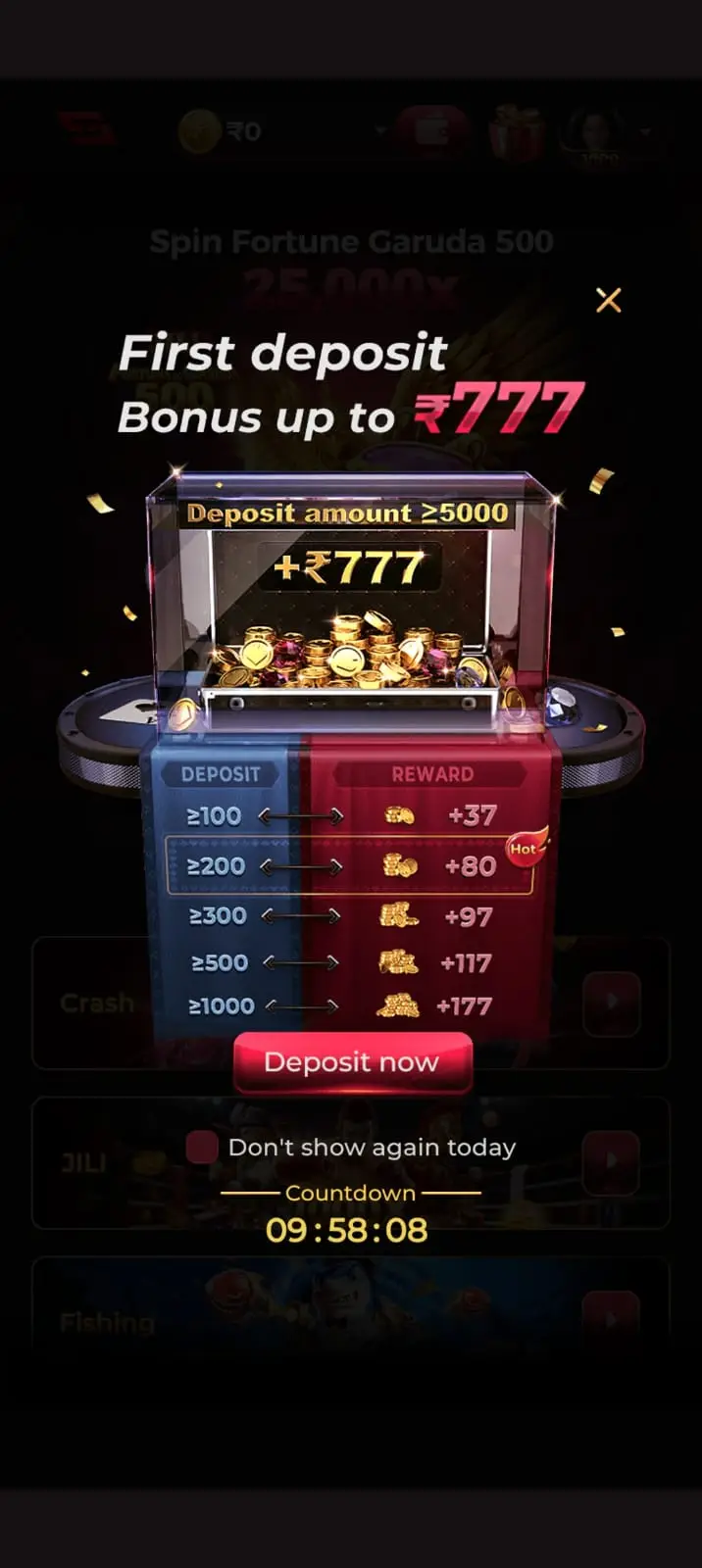 MGM Game first deposit bonus offer with up to ₹777 welcome reward and deposit promotion